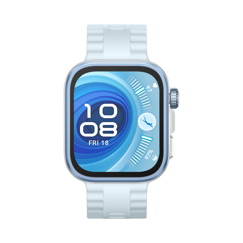 HUAWEI WATCH FIT 4 Pro silbernes Gehäuse mit blauem Fluorelastomer-Armband