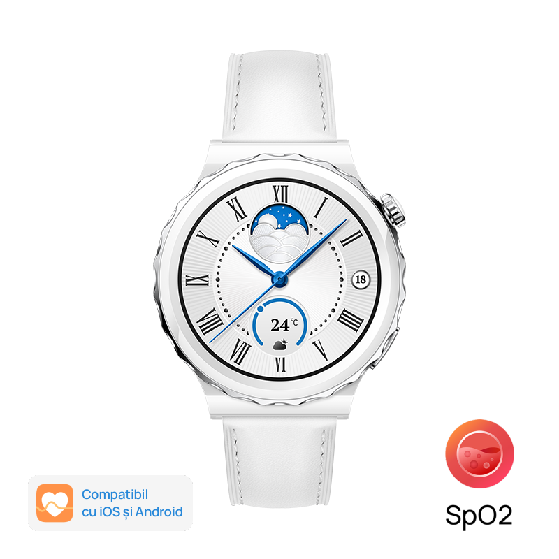 Huawei Watch Gt 3 Pro 43mm, Carcasa Ceramic, Curea Piele White
