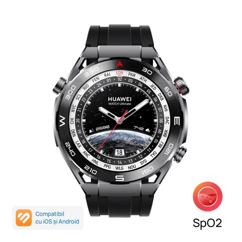 Huawei Watch Ultimate, Carcasa Din Liquid Metal, Curea Hnbr Neagra + 1 Curea Hnbr Extra