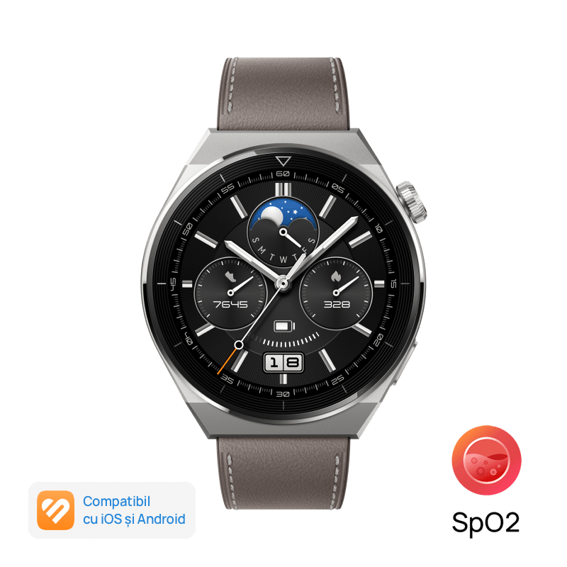 Huawei Watch Gt 3 Pro 46mm Carcasa Titanium, Curea Piele Gray, Android/ios