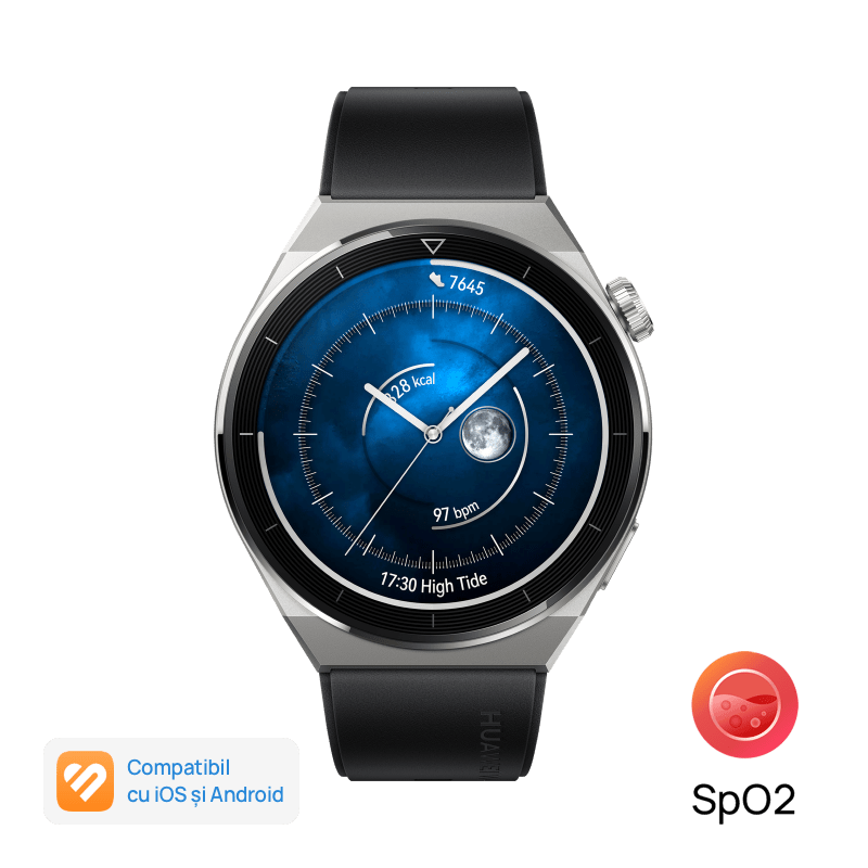 Huawei Watch Gt 3 Pro 46mm Carcasa Titanium, Curea Fluoroelastomer Black, Android/ios