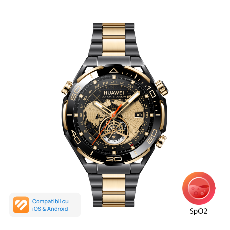 Huawei Watch Ultimate Design, Aur De 18k, Carcasa Din Liquid Metal, Curea Gold + 1 Curea Hnbr Extra, Android/ios