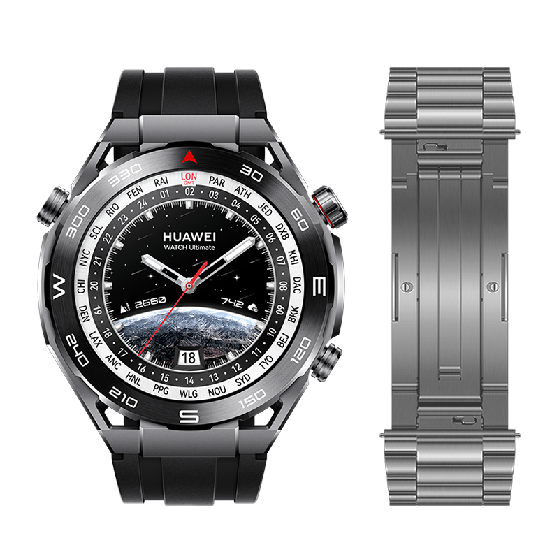 Huawei Watch Ultimate, Carcasa Din Liquid Metal, Curea Hnbr Neagra, Android/ios