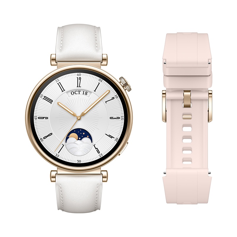 HUAWEI WATCH GT 4 Spring Edition White Leather Strap 41mm + Glacier Pink Fluoroelastomer Strap 2-in-1